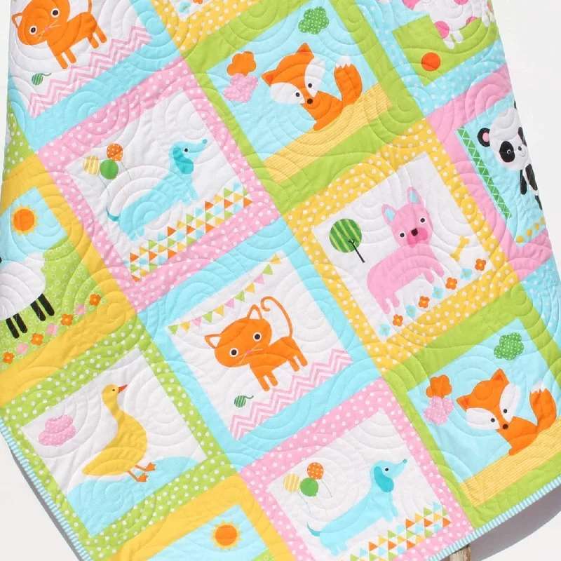 Animal Baby Girl Quilt, Patchwork, Baby Blanket, Dachshund Dog Cat Panda Sheep Fox