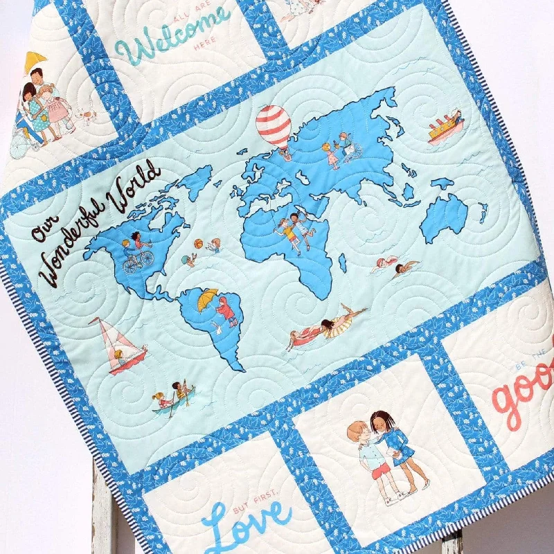 Baby Quilt Our Wonderful World Blanket Bedding Gender Neutral Newborn Monogram Gift Personalize Named Initials Map Ethnicities Cultures