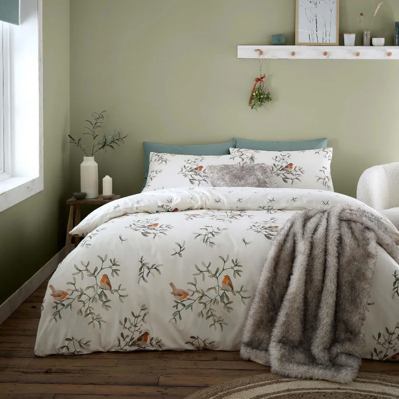 Brushed Mistletoe Robins Duvet Cover Set