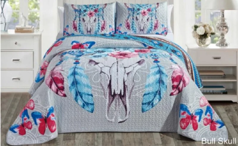 Bull Skull Quilt Bedding 3pc. Set