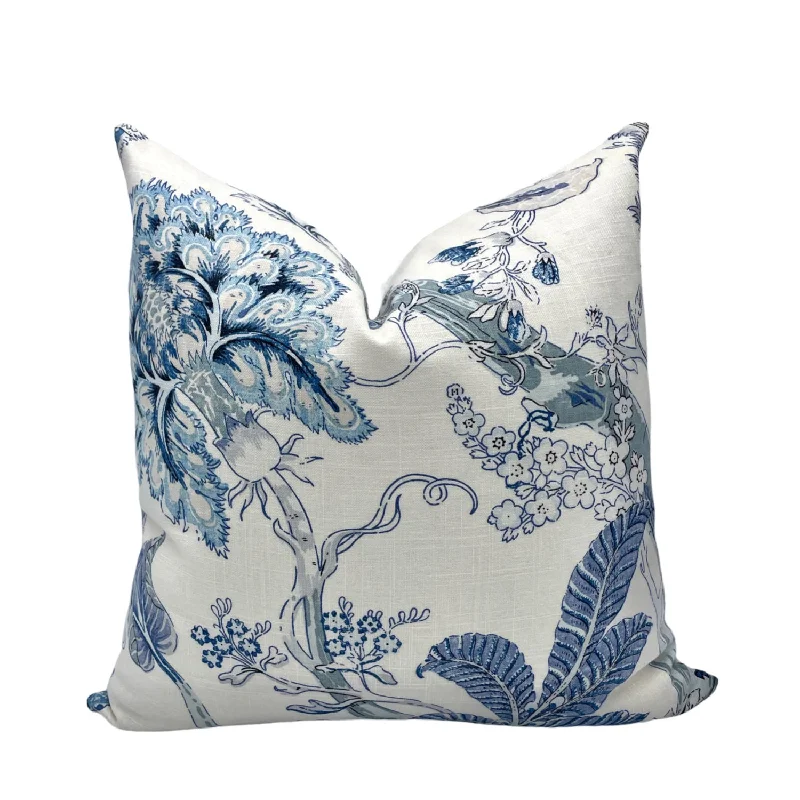 Blue Tropical Floral on White Pillow Cover