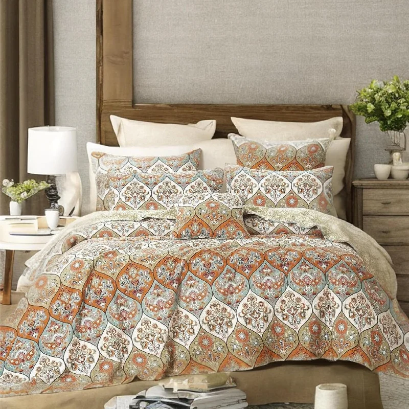 DaDa Bedding Bohemian Floral Paisley Garden Coral Teal Quilted Bedspread Set (LH1403)