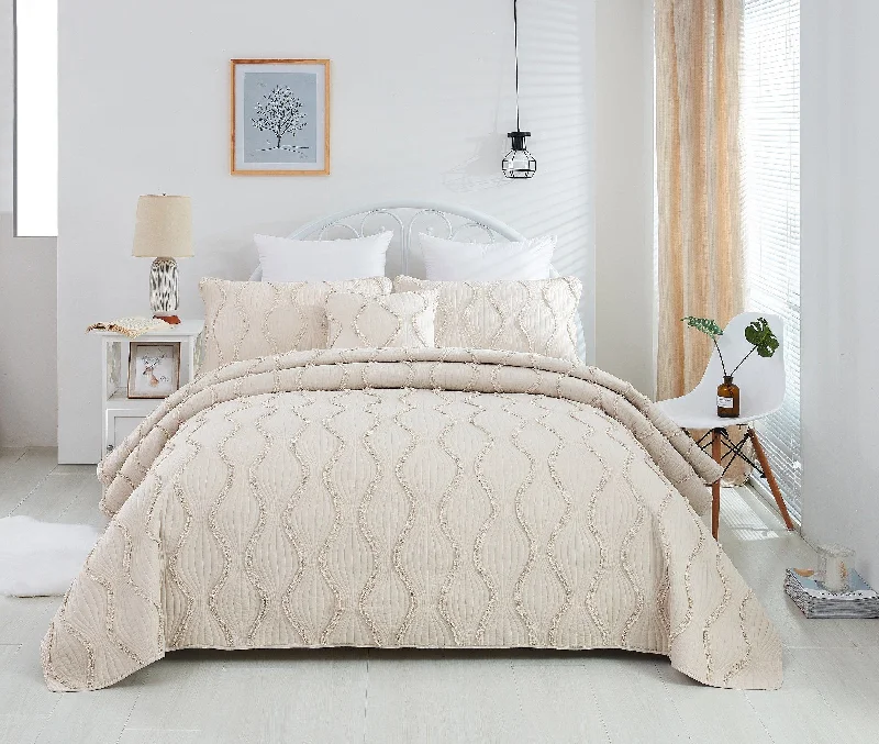 DaDa Bedding Soft Charming French Country Ruffles Quilted Cotton Bedspread Set - Ivory Cream Tan (JHW873)