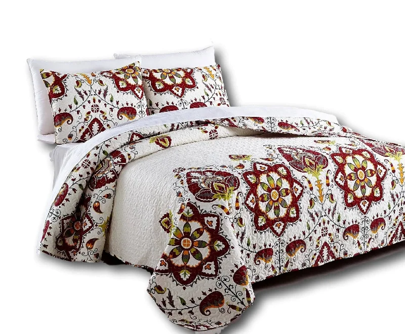 DaDa Bedding Casablanca Garden Mediterranean Floral Red & White Quilted Bedspread Set (HS-11130)