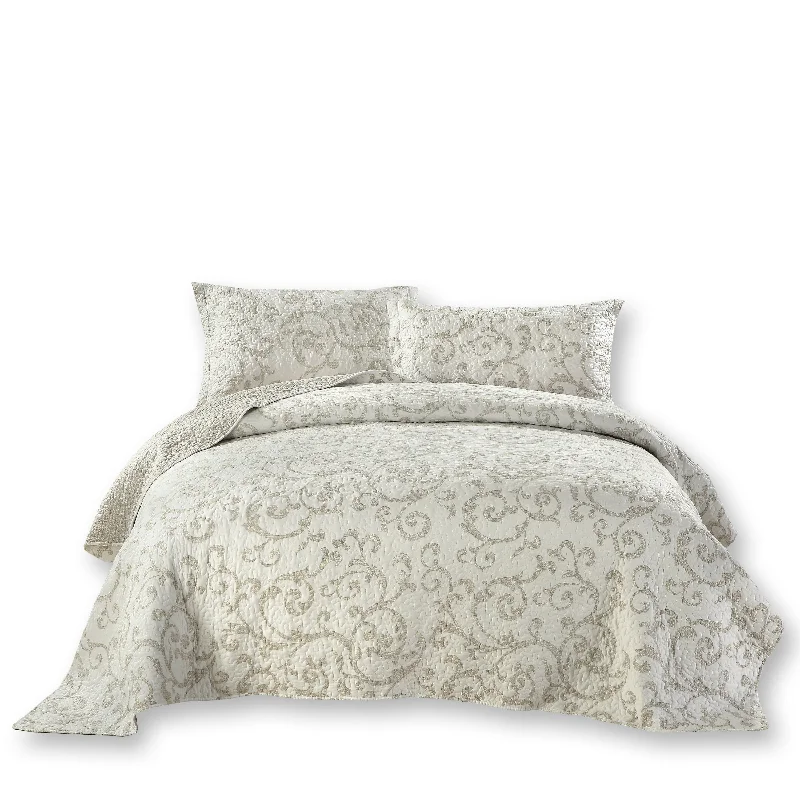 DaDa Bedding Luxe Couture Floral White Freesia Vineyard Elegant Coverlet Bedspread Set (HS-8760)