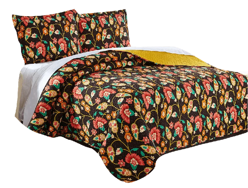 DaDa Bedding Marigold’s Floral Brown Yellow Botanical Garden Quilted Bedspread Set (HS-3330)