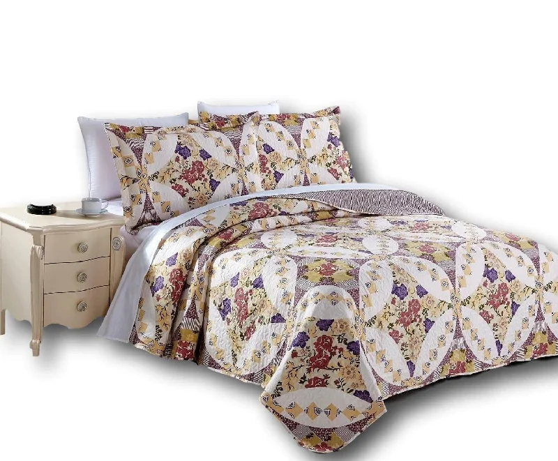 DaDa Bedding Wisteria Cottage Roses Floral Lightweight Quilted Bedspread Set (HS-1003)