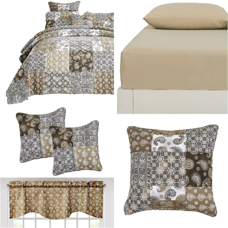 DaDalogy Bedding Bed in a Bag Bundle Set - Bohemian Paisley Dreams Floral Olive Brown Patchwork Bedspread Set (JHW885)