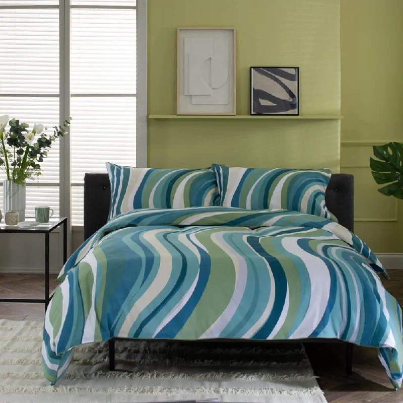 Deyongs Smith Wave Cotton Green Printed Piped Reversible Duvet Set