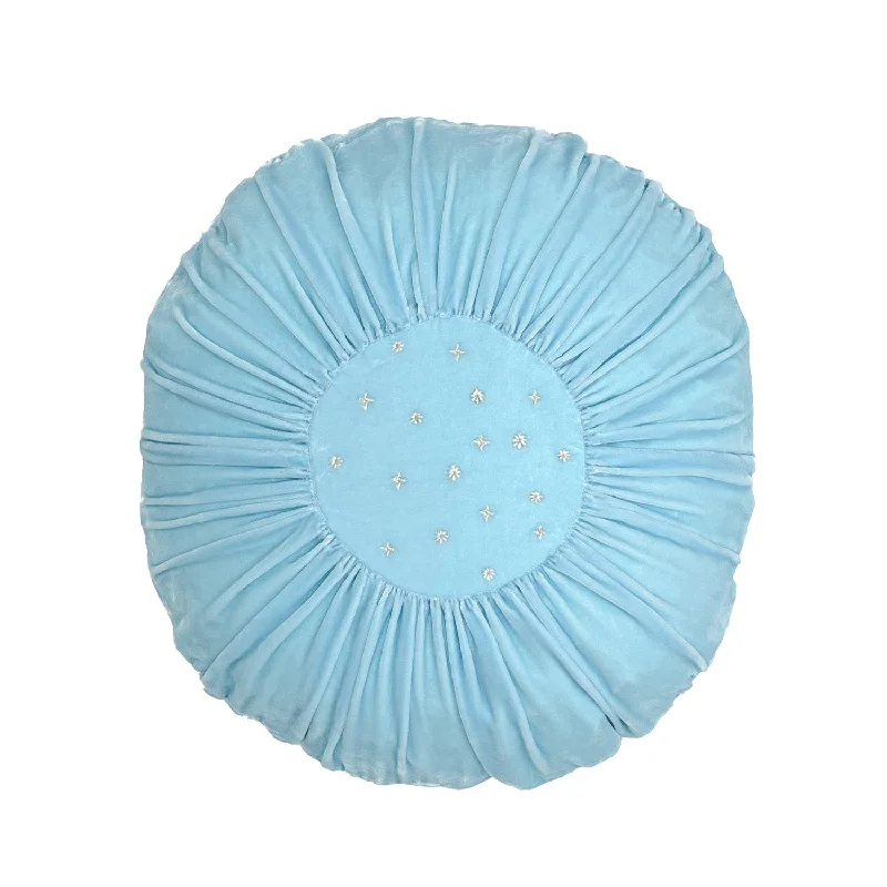 Embroidered Stars Blue Velvet Round Pillow