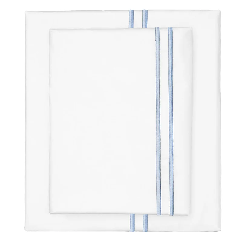 French Blue Lines Embroidered Sheet Set (Fitted, Flat, & Pillow Cases)