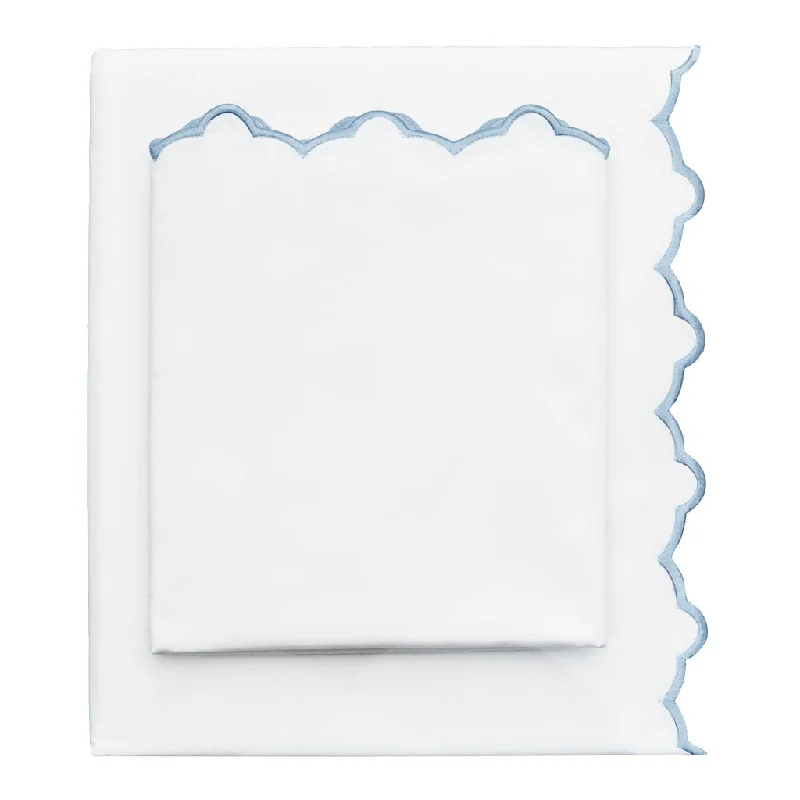 French Blue Scalloped Embroidered Sheet Set (Fitted, Flat, & Pillow Cases)