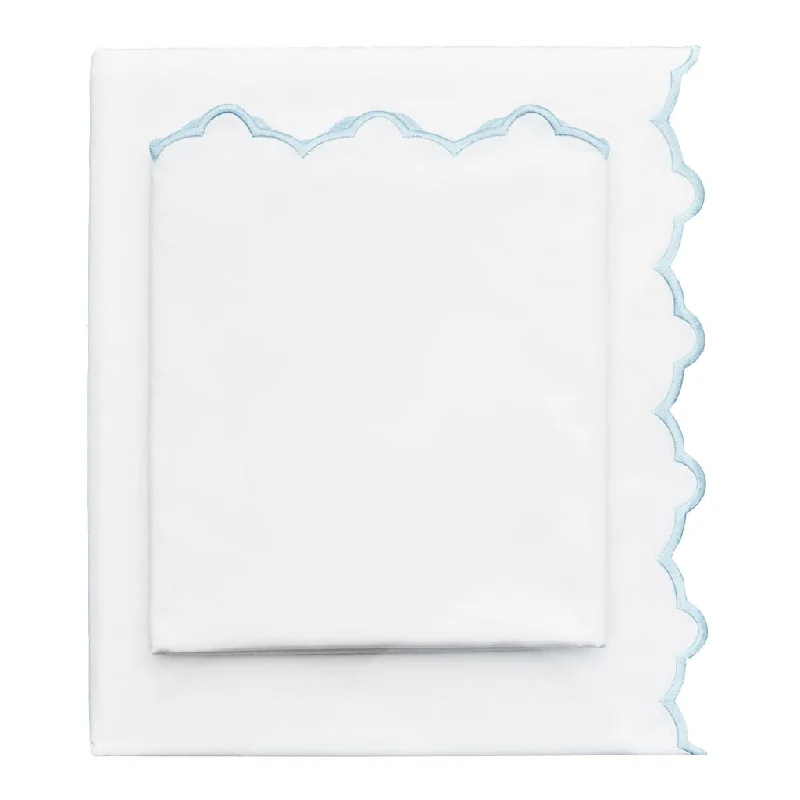 Light Blue Scalloped Embroidered Sheet Set (Fitted, Flat, & Pillow Cases)