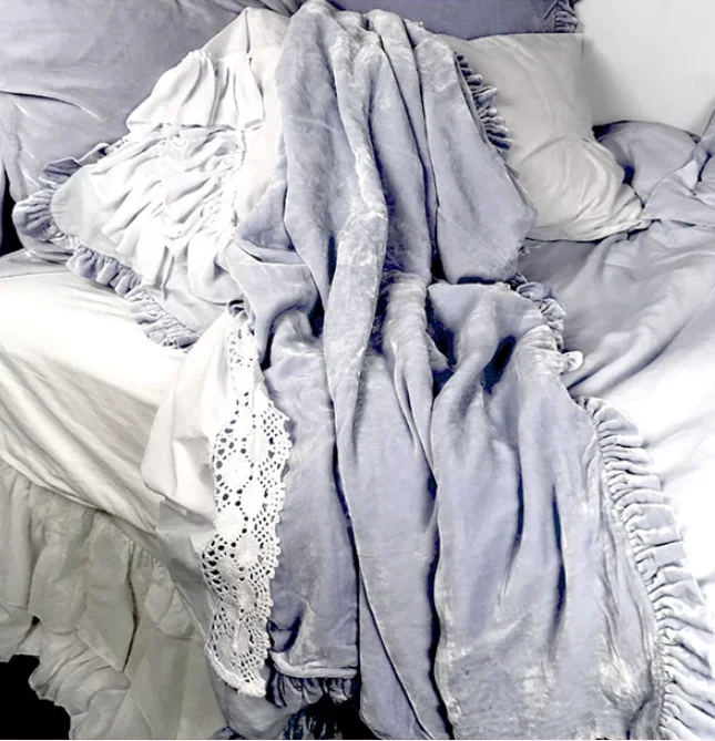 Linen Salvage Luxe Colette Petite Ruffle Throw in Chambray