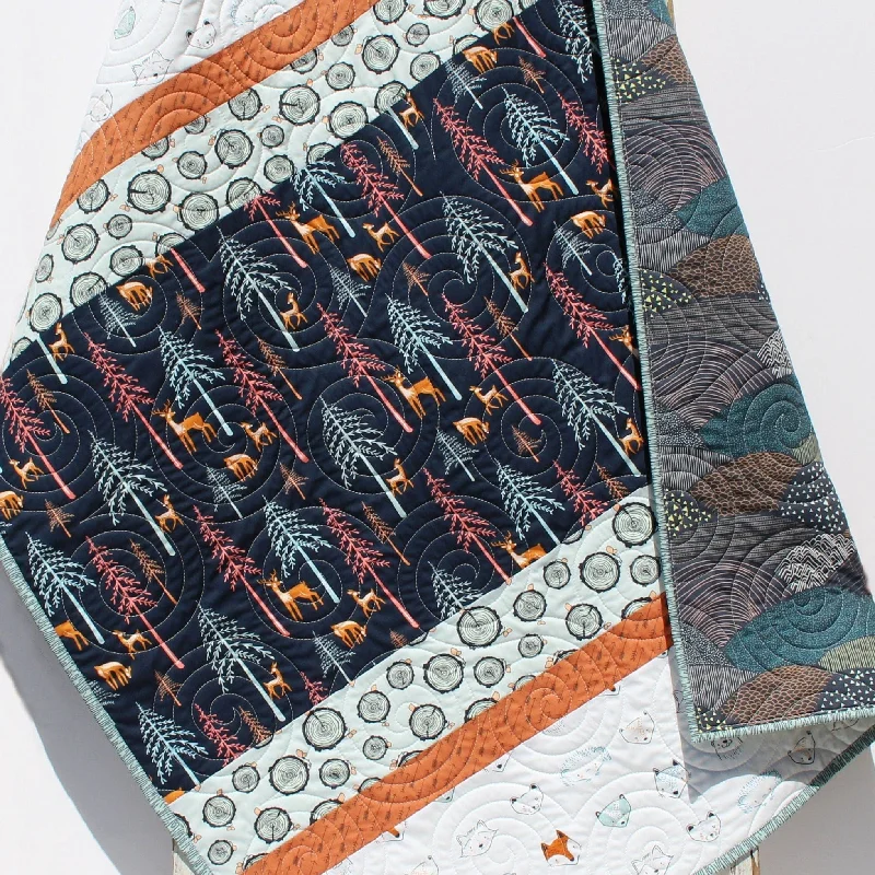 Little Forester Quilt Baby Bedding Animal Crib Quilt Toddler Woodland Blanket Forest Animals Navy Orange Blue Deer Fawn Trees Personalize