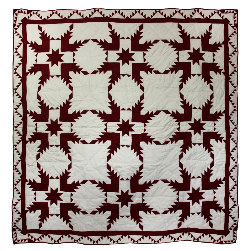 Ruby Feathered Star Quilt, Hand cut and Patchwork cotton fabric blocks.