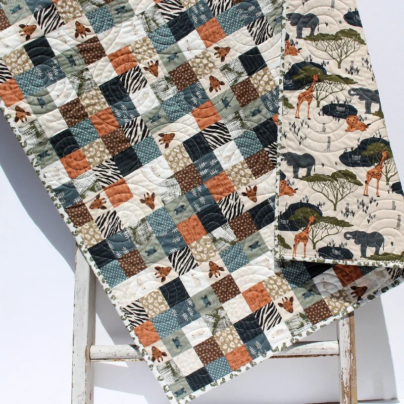 Safari Quilt Nursery Boy or Girl Bedding Jungle Baby Quilt Crib Blanket Crib The Waterhole Safari Animals Giraffes Elephants Lions Hippos