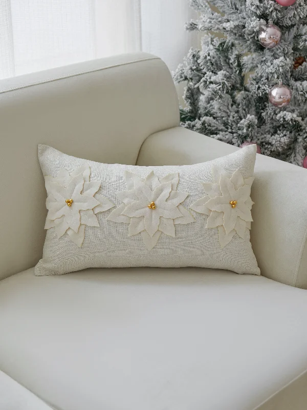 White Poinsette Embroidered Lumbar Pillow