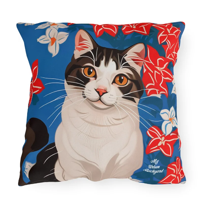 Cat w Red White + Blue Flowers, Taupe accent color, Throw Pillow, Indoor/Outdoor Decor for Home or Office