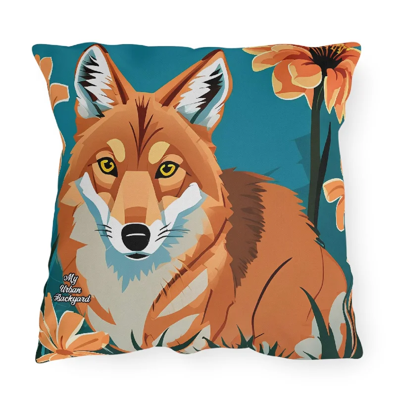 Coyote and Wildflowers, Sable accent color, Throw Pillow, Indoor/Outdoor Decor for Home or Office