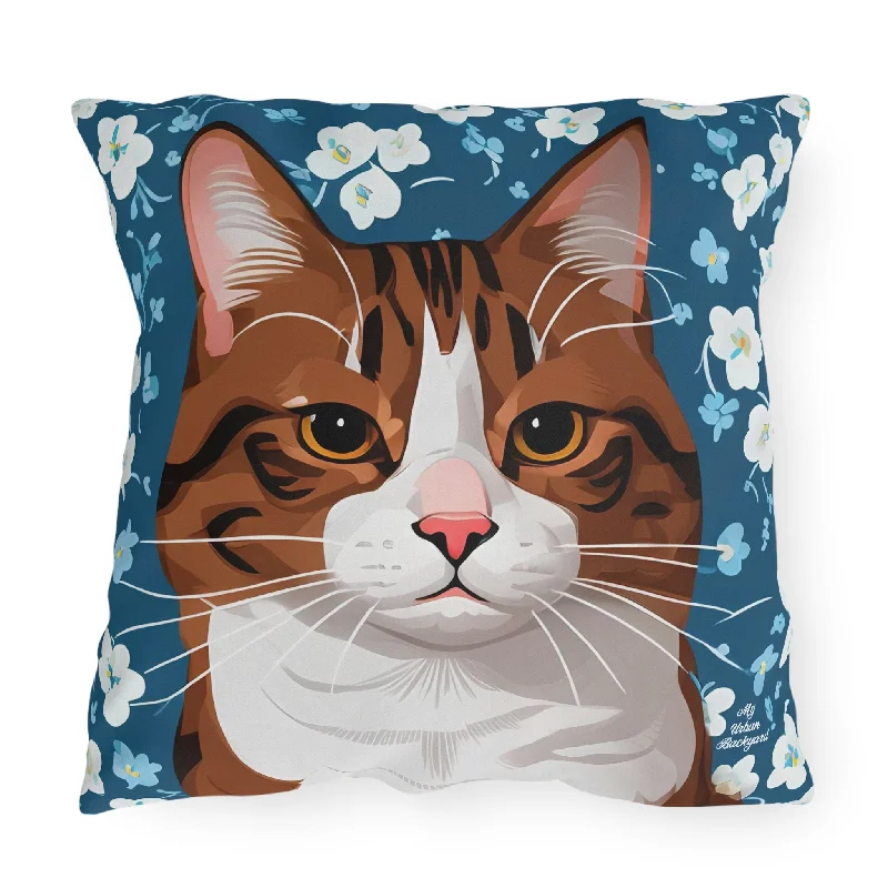 Orange Cat and Flowers, Sable accent color, Throw Pillow, Indoor/Outdoor Decor for Home or Office