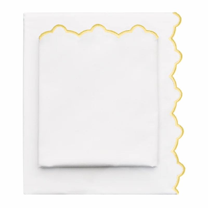 Yellow Scalloped Embroidered Sheet Set (Fitted, Flat, & Pillow Cases)